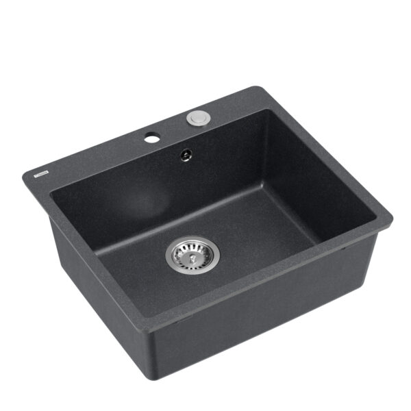 MORGAN 110 GraniteQ Black Diamond Spüle mit Siphon Push To Open Edelstahl 1 Becken b/o – Einbau bündig mit der Arbeitsplatte + gefräste Löcher