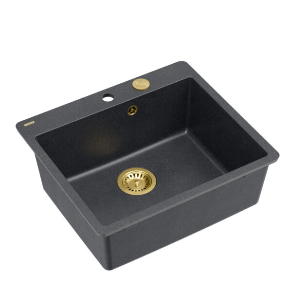 MORGAN 110 GraniteQ Black Diamond Spüle mit Siphon Push To Open goldfarben, 1 Becken b/o (bündiger Einbau) + gefräste Löcher