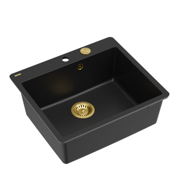 MORGAN 110 Раковина GraniteQ из чистого углерода с сифоном Push To Open золотого цвета 1 чаша б/о (установка вровень со столешницей) + фрезерованные отверстия