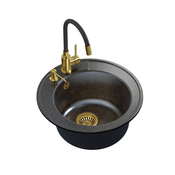 ART MORGAN 210 1-Becken-Einbauspüle + platzsparender Siphon in PVD-Gold mit Maggie-Wasserhahn und Spender