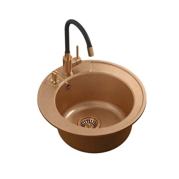 ART MORGAN 210 1-bowl recessed sink + save space siphon in PVD copper with Maggie faucet and dispenser
