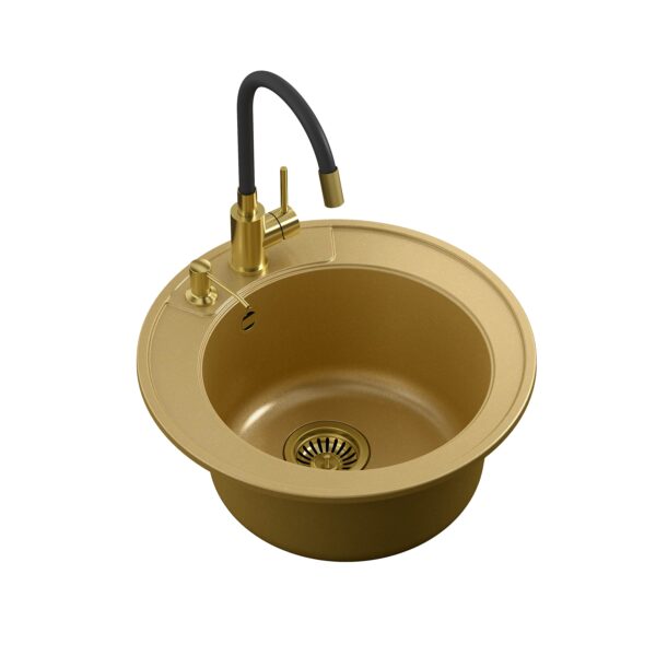 ART MORGAN 210 1-Becken-Einbauspüle + platzsparender Siphon in PVD-Gold mit Maggie-Wasserhahn und Spender