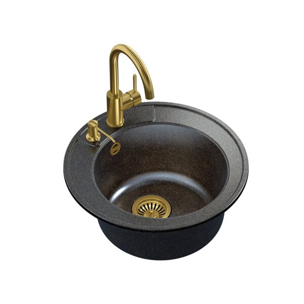 ART MORGAN 210 Lavello incasso 1 vasca + sifone salvaspazio in PVD colore oro con rubinetto e dosatore Naomi
