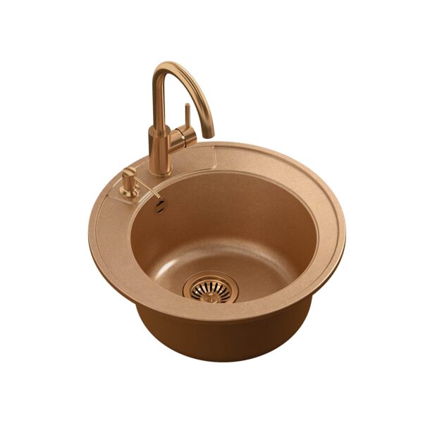 ART MORGAN 210 1-bowl recessed sink + save space siphon in PVD copper color with Naomi faucet and dispenser