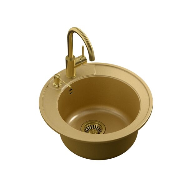 ART MORGAN 210 Lavello incasso 1 vasca + sifone salvaspazio in PVD colore oro con rubinetto e dosatore Naomi