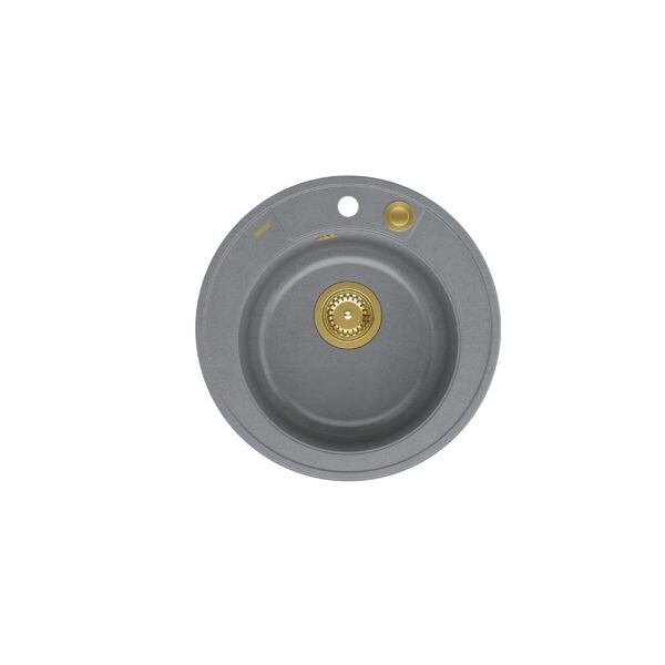 MORGAN 210 Раковина GraniteQ из серебристого камня с сифоном Push To Open золотого цвета круглая 1 чаша б/о