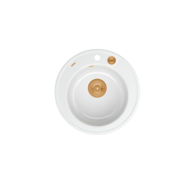 MORGAN 210 GraniteQ белоснежная мойка с сифоном Push To Open медного цвета круглая 1-чаша б/н + защелки 3 шт.