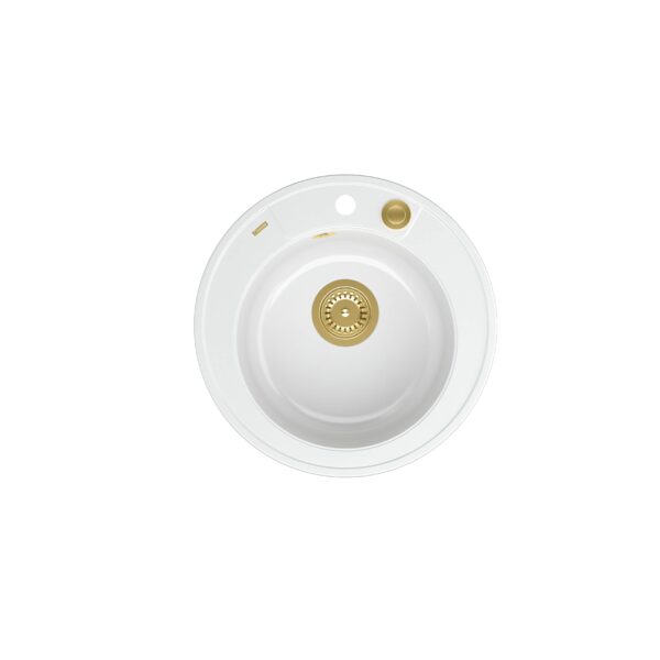 MORGAN 210 GraniteQ schneeweißes Waschbecken mit Siphon Push To Open goldfarben rund 1 Becken b/o + Auffangbehälter 3 Stk