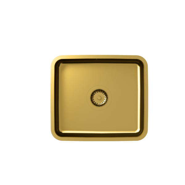 NICOLAS SteelQ Nano PVD золотая подвесная чаша (400x350x180), перелив по длинной стороне, с золотым сифоном